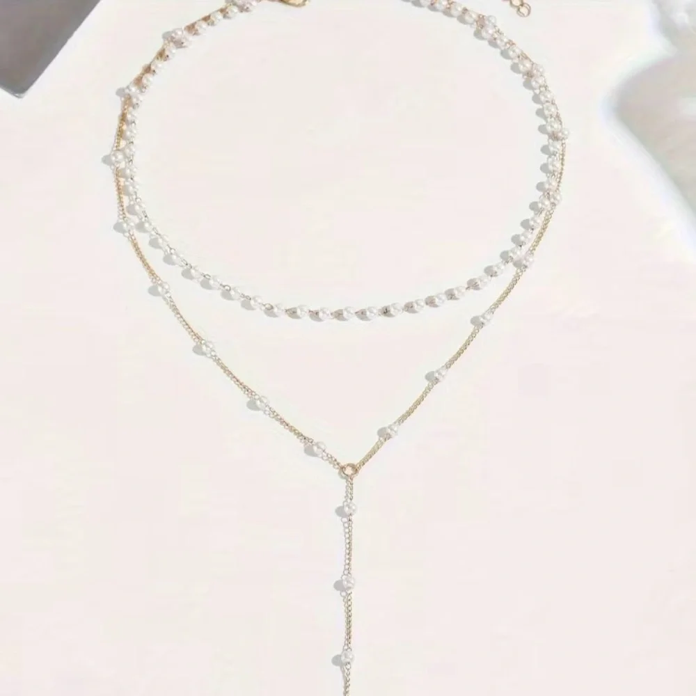 Delicate Elegant Gold Plated and Pearl Layered Necklace - Picture 3 of 5
